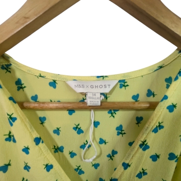 NWOT M&S Printed V-Neck Puff Sleeve Midi Tea Dress Yellow Blue - Picture 5 of 12